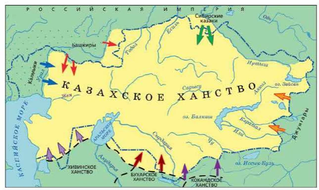 Карта внешнеполитического положения Казахского ханства в XVIII веке